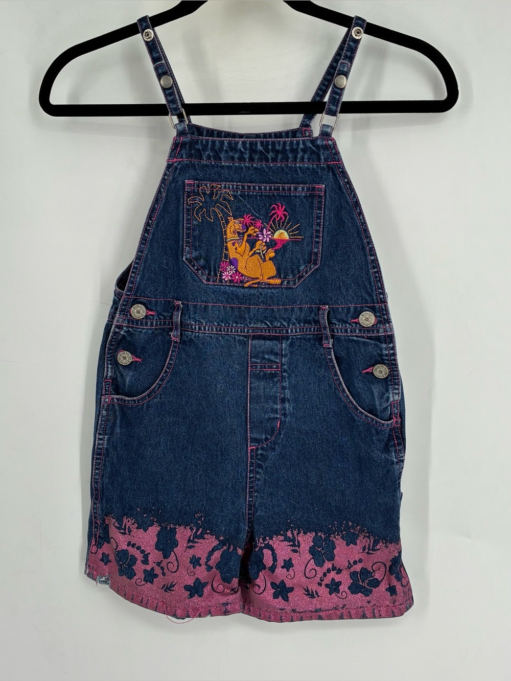 Vintage Y2K 90s Scooby Doo Girls 7 8 Denim Bibs Overalls Shortalls Pink Retro